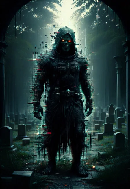 1monster, ghost warrior. dim light, intricate details, horror theme, cementary, detailed background,
BL4CK3STBL4CK, black_theme, matte_color, flat color, glitch style
