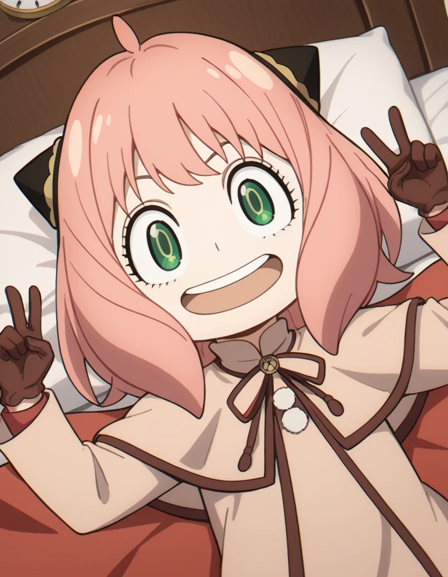score_9, score_8_up, score_7_up, source_anime, <lora:anya-forger-movie-ponyxl-lora-nochekaiser:1>, anya forger, anya (spy x family), bangs, green eyes, pink hair, ahoge, child, female child, hairpods,, gloves, long sleeves, ribbon, brown gloves, capelet, robe,, bedroom, alarm clock, morning routine, yawning, stretching, on bed,, smile, , v, v over mouth, smug,, solo,, cowboy shot, dutch angle,