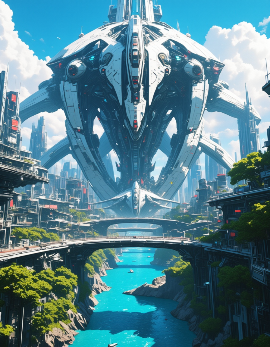 <lora:SW_Minis_7fluxc:1> futuristic science fiction huge mega structure building, epic scale, blue river, bridge, cyberpunk cityscape, vegetation,