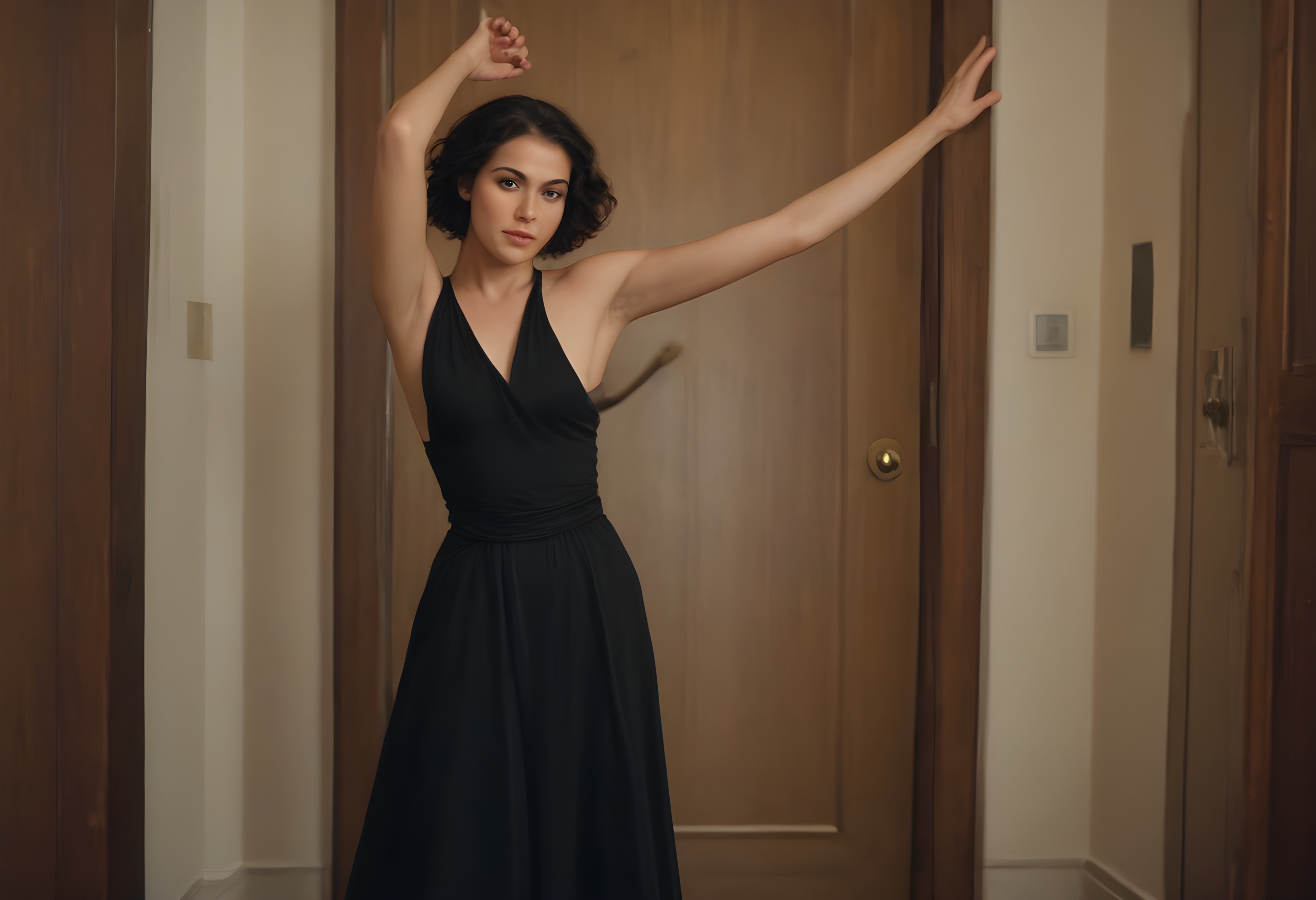 score_9, score_8_up, score_7_up, BREAK, The image shows a woman in a black dress standing in front of a door, with a wall behind her and a watermark on the image. She appears to be posing for the camera, likely for a photo shoot. realistic, 1girl, solo, short hair, black hair, 1boy, dress, standing, male focus, indoors, black dress, arms up, long dress,  photo, real hair, detailed skin, highly detailed, detailed skin, film grain, <lora:zy_AmateurStyle_v2:0.45>