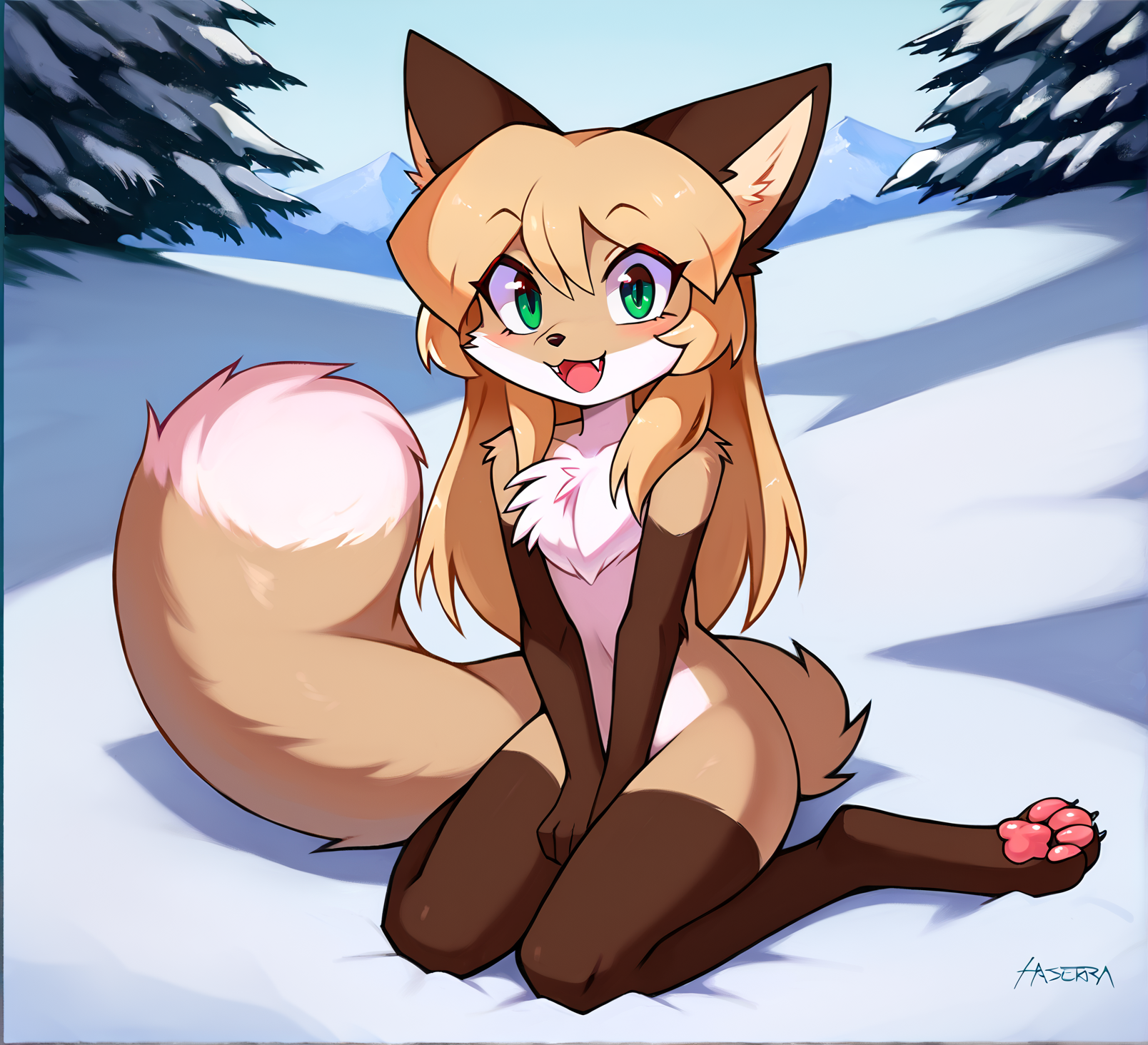 score_9, score_8_up, score_7_up, score_6_up, score_5_up, score_4_up, rating_safe, source_furry, detailed background, snowy in background, 1girl,female anthro fox in snow, (detailed fluffy fur:1.1),on knees
BREAK
female, furry, anthro,(fox:1.1), fox tail, (cute expression, cute face:1.1),   snout, nude, crossed arms,  smiling at viewer, open mouth,fangs, (redneck:1.1), (big chest tuft:1.1),   <lora:Averi_the_fox-000011:1> ,green eyes, blonde hair, long hair,  flat chested, hands on knees, pawpads
BREAK
<lora:PDXL_artist_tags_v2:1>  by ancesra,