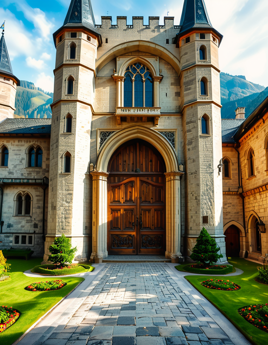 A highly detailed and realistic photograph of the massive entrance door of a medieval castle. The heavy wooden door is reinforced with large iron studs and intricate metalwork, set within a grand stone archway. The aged stone walls surrounding the entrance are weathered, covered in patches of moss and ivy, giving a sense of ancient history.
The cobblestone pathway leading to the door is slightly worn, with scattered fallen leaves and small tufts of grass growing between the stones. Above the entrance, a small, narrow window or arrow slit adds to the castleâs defensive design. The scene is illuminated by soft, natural light, casting shadows that highlight the textures of the stone and wood. The atmosphere is mysterious and majestic, evoking a sense of medieval grandeur.
<lora:SDXLFaeTastic2400:0.4> <lora:extremely_detailed:0.4> extremely detailed,  <lora:medieval_c4stl3_d00r:1>,medieval c4stl3 d00r, Masterpiece,best quality,hi res,8k,hi res,8k,award winning,(sharp focus, intricate, highly detailed),