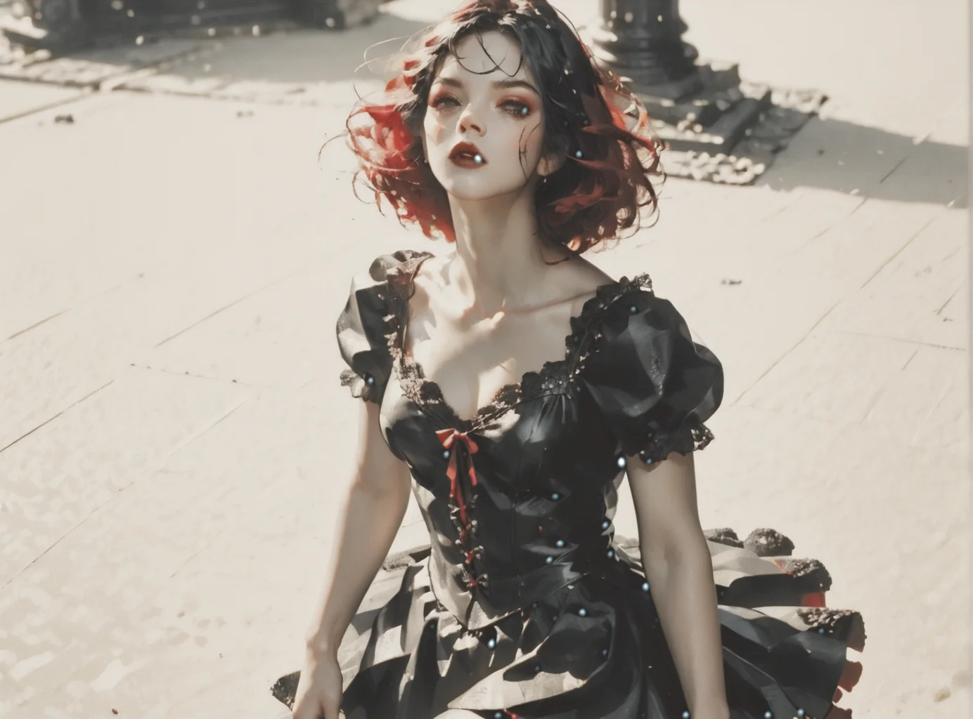 score_9, score_8_up, score_7_up, Fighting scene, shot from above, looking up against all odds, 1girl, pale skin, medium breasts, <lora:sm0k3XLP:1>, <lora:goth_clothes:1>, vampire dress, black details, red lining, crimson red hair, black highlights, <lora:Our_Muted_Future_Style:1>, <lora:Coal_and_Oil:1>, in a spawling mining cavern,