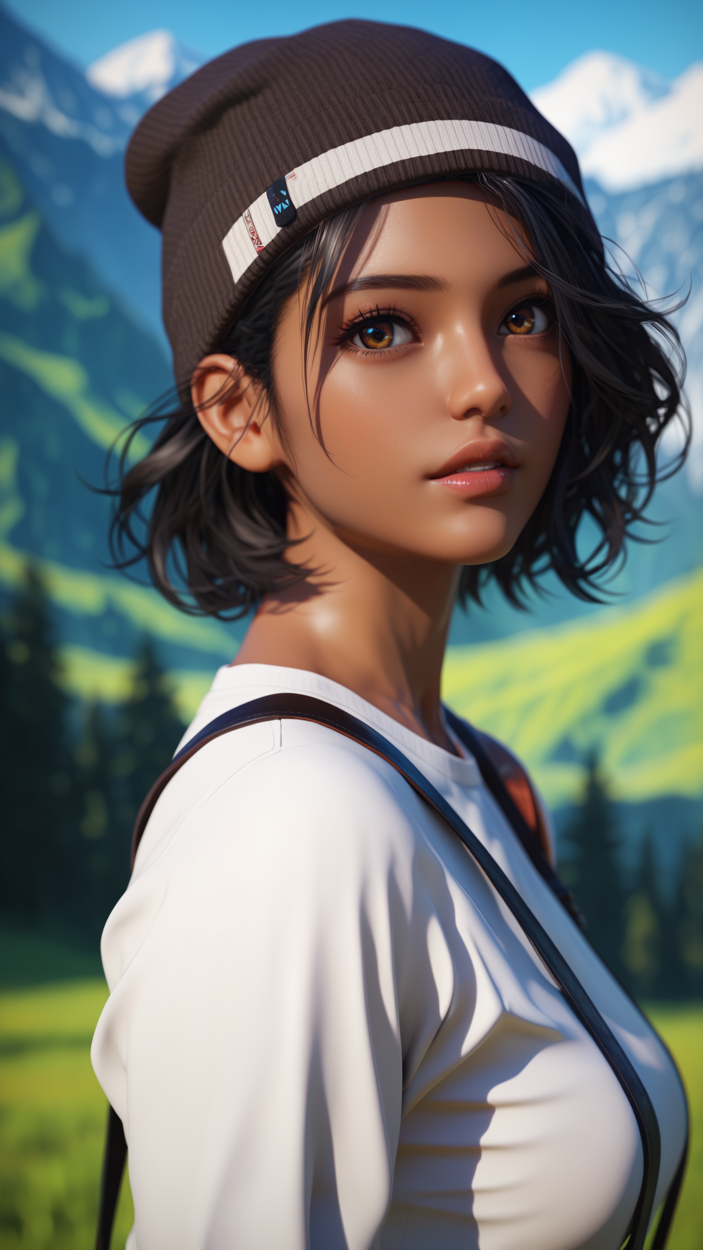 score_9, score_8_up, score_7_up, i want the whole image to be created in 3D anime style,  1girl, solo, looking at viewer, short hair, shirt, black hair, hat, brown eyes, white shirt, upper body, outdoors, parted lips, dark skin, blurry, dark-skinned female, lips, depth of field, blurry background, suspenders, mountain, realistic, nose, beanie