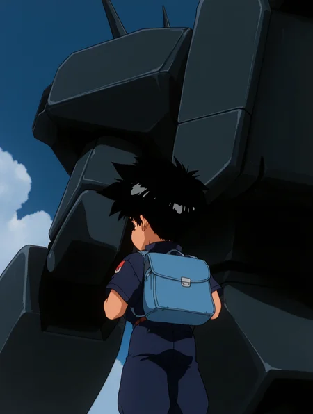 masterpiece, best quality, amazing quality, 1boy, solo, solo focus, male focus, <lora:Haruka_Daichi-MADO_KING_GRANZORT:1>, haruka daichi, black hair, brown eyes, spiked hair, short hair, haruka daichi, 1boy, male focus, backpack, robot, bag, black hair, mecha, sky, from behind, solo, science fiction, cloud, day