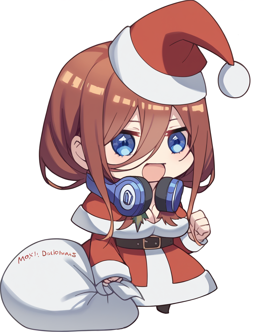 score_9, score_8_up, score_7_up, source_anime, <lora:miku-nakano-s2-ponyxl-lora-nochekaiser:1>, miku nakano, long hair, bangs, blue eyes, brown hair, hair between eyes, headphones, headphones around neck, large breasts,, <lora:padoru-ponyxl-lora-nochekaiser:1>, padoru, padoru (meme), holding sack, sack, santa hat, meme, christmas, open mouth, chibi, red capelet, santa dress, capelet, fur-trimmed headwear,, ,