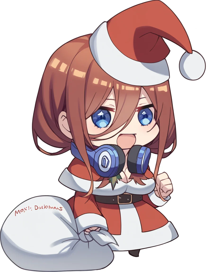 score_9, score_8_up, score_7_up, source_anime, <lora:miku-nakano-s2-ponyxl-lora-nochekaiser:1>, miku nakano, long hair, bangs, blue eyes, brown hair, hair between eyes, headphones, headphones around neck, large breasts,, <lora:padoru-ponyxl-lora-nochekaiser:1>, padoru, padoru (meme), holding sack, sack, santa hat, meme, christmas, open mouth, chibi, red capelet, santa dress, capelet, fur-trimmed headwear,, ,