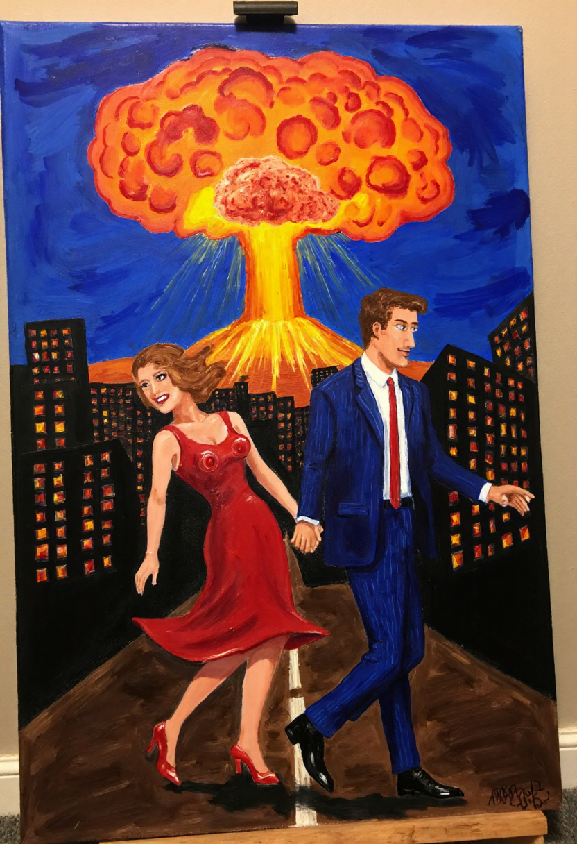 <lora:Thrift_Store_Paintings_FLUX:1>
The image is a vibrant, expressive painting on canvas depicting a scene of a man and a woman holding hands, with a nuclear mushroom cloud in the city background