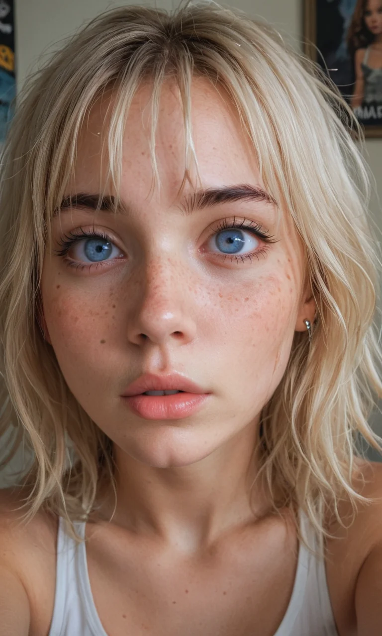 4k selfie with a surprised expression, deep focus, split-diopter lens, close-up, focus on her eyes, cluttered bedroom, posters on walls, ring lighting, long shaggy blonde (bangs between eyes, dark blue eyes, freckles, blush, natural lips, natural eyes, messy hair, black eyebrows, pierced eybrow) taking a selfie, bent forward, mirror behind in distance, her back can be seen in the reflection