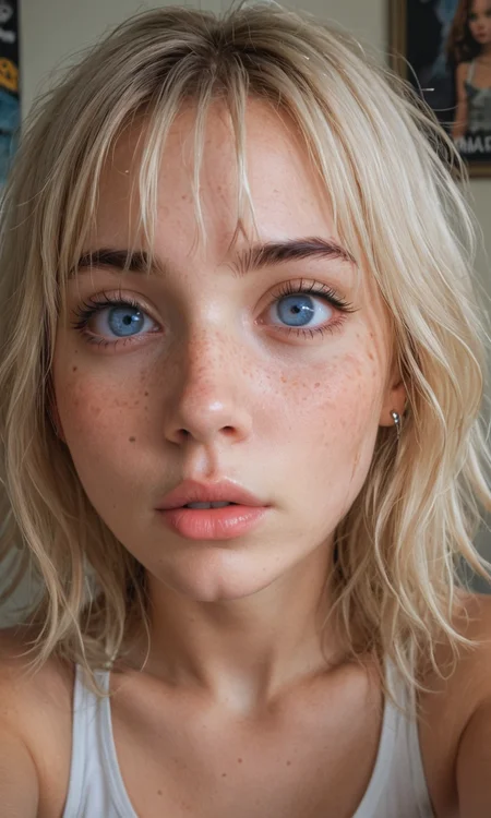 4k selfie with a surprised expression, deep focus, split-diopter lens, close-up, focus on her eyes, cluttered bedroom, posters on walls, ring lighting, long shaggy blonde (bangs between eyes, dark blue eyes, freckles, blush, natural lips, natural eyes, messy hair, black eyebrows, pierced eybrow) taking a selfie, bent forward, mirror behind in distance, her back can be seen in the reflection