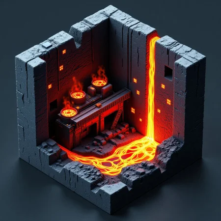 M1CR0CUB3D, A cubed world of cracked obsidian, lava flows and automated lava pumps. Underground: robotic forges and conveyor belts forging glowing alloys.