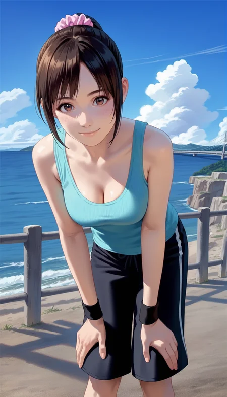 score_9,score_8_up,score_7_up,
<lora:miiyamotoHikari:0.7>,miiyamotohikari,
1girl,solo,black hair,bangs,ponytail,pink scrunchie,black wristband,black shorts,brown eyes,looking at viewer,smile,closed mouth,cyan tank top,medium breasts,cleavage,cowboy shot,face focus,leaning forward,bent over,hands on own knees,
outdoors,blue sky,sea,cloud,street,railings,distant large bridge,distant mountains,clear blue sky,soft clouds drifting,summer,beautiful landscape,vignetting,blurry background,
