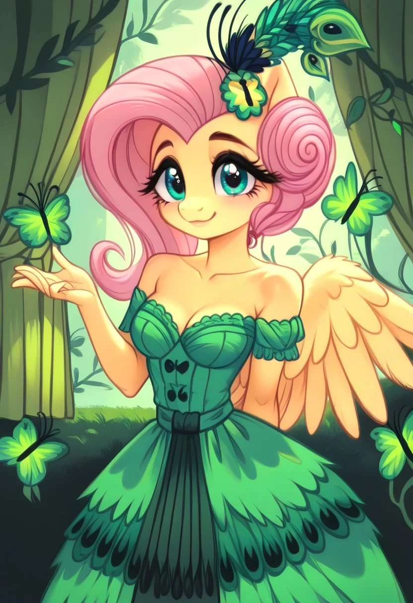 masterpiece, score_9, score_8_up, score_7_up, score_6_up, (best quality:1.1), ultra-detailed, high resolution, (solo), (1WOMAN), (ANTHROPOMORPHIC), (FLUTTERSHY) ((light pink hair:1.4)), (highly detailed styled hair:1.4), (green feather hair accessory:1.4), (beautiful detailed turquoise eyes:1.5), (soft smile:1.5), (wide cute innocent eyes:1.5), (thick lashes eyelashes:1.5), (light yellow shiny skin:1.5), (green peacock feather dress:1.5), (thin waist:1.5), (fair even breast:1.5), (five fingers:1.5), (green columns background:1.0), (green curtains:1.5), (golden hour:1.5), (soft golden lighting:1.5), (green butterflies background:1.5), (green vine leafs framing the image:1.5), (green feathers all around:1.4), (dynamic pose:1.5), high quality, sharp, the quality of ai art is frightening, highly detailed, Highly Visible, sharp focus, high detail, detailed background