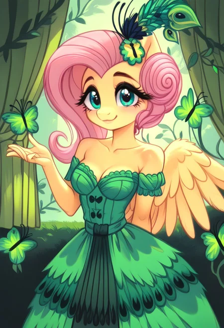 masterpiece, score_9, score_8_up, score_7_up, score_6_up, (best quality:1.1), ultra-detailed, high resolution, (solo), (1WOMAN), (ANTHROPOMORPHIC), (FLUTTERSHY) ((light pink hair:1.4)), (highly detailed styled hair:1.4), (green feather hair accessory:1.4), (beautiful detailed turquoise eyes:1.5), (soft smile:1.5), (wide cute innocent eyes:1.5), (thick lashes eyelashes:1.5), (light yellow shiny skin:1.5), (green peacock feather dress:1.5), (thin waist:1.5), (fair even breast:1.5), (five fingers:1.5), (green columns background:1.0), (green curtains:1.5), (golden hour:1.5), (soft golden lighting:1.5), (green butterflies background:1.5), (green vine leafs framing the image:1.5), (green feathers all around:1.4), (dynamic pose:1.5), high quality, sharp, the quality of ai art is frightening, highly detailed, Highly Visible, sharp focus, high detail, detailed background