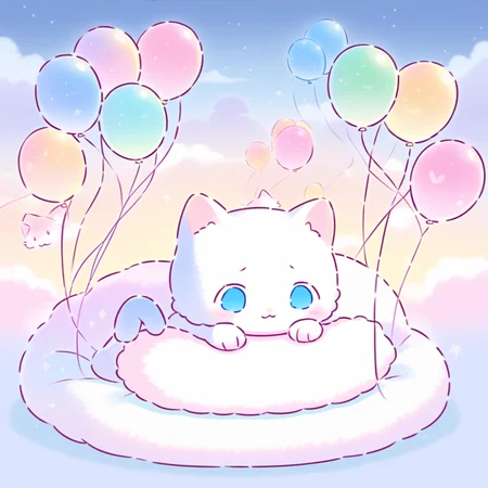 Picture a small, round-edged, pastel-colored island floating in the sky, where a single fluffy cloud serves as a cushion. On it, a pair of cartoonish, wide-eyed kittens with soft fur play with a ball of shimmering yarn. The sky around them is a clear azure, dotted with only a few drifting balloons in the shape of hearts. The simplicity of the scene conveys a sense of peace and childlike wonder, with the gentle motion of the kittens and the playful interaction with the yarn creating a heartwarming atmosphere, <lora:sanrio:0.7>