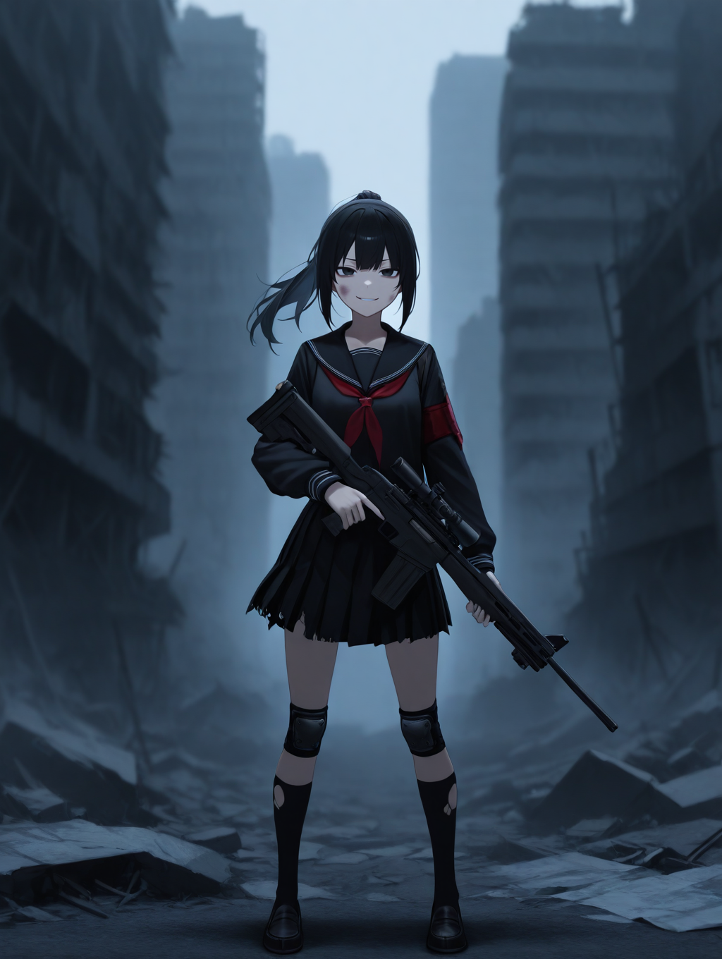1girl,standing, holding weapon, sniper rifle, torn clothes, serafuku,black shirt, red neckerchief, loafer, kneehighs, knee pads, jet-black hair, (blunt bangs:0.5) wispy bangs,long hair, ponytail, bruised, injured, facing up, looking up, smirking, determined, dark charcoal eyes, jet-black hair, asian_japanese, black hair, 
blurry background,  stratospheric sky, ruin, abandoned city, illustration, anime,masterpiece, amazing quality, best quality,ultra-detailed,8K,illustration,CG, classy hair,  <lora:Ass Adjust_alpha1.0_rank4_noxattn_last:-1.8> <lora:futtora02-il-02:0.5> <lora:Racethnicity2.35-Ill:0.8>