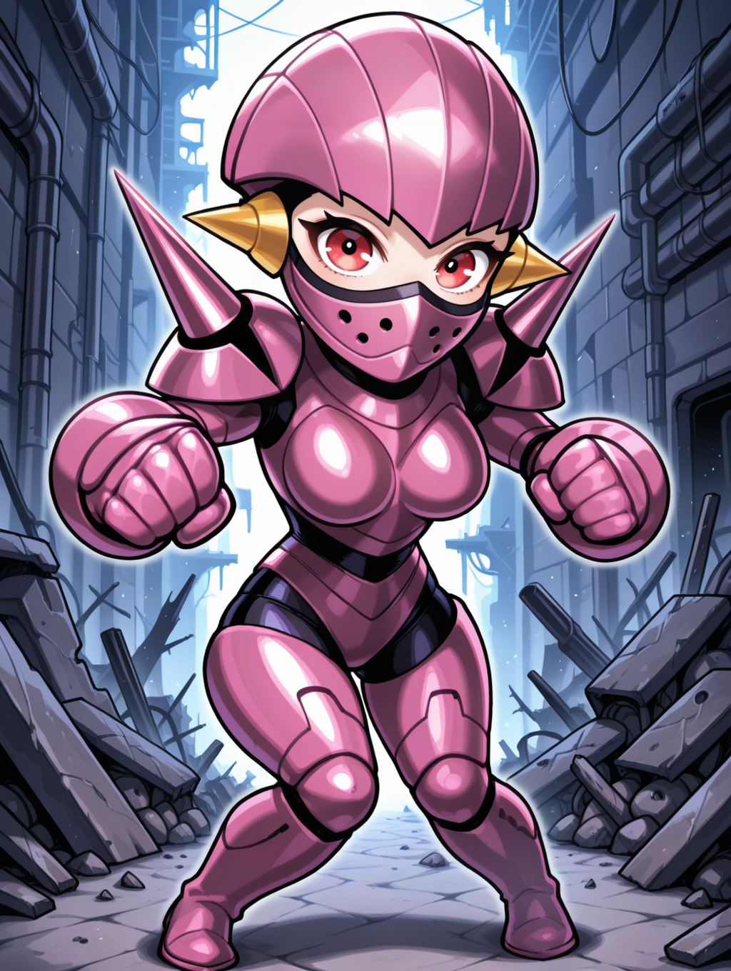 full armor,robot girl,robolady,1girl,solo,chibi,clenched hands,spikes,full body,pink thigh boots,looking at viewer,covered mouth,mouth mask,pink helmet,pink armor,shoulder spikes,pink gauntlets,purple bodystocking,incoming punch,ruins, factory, 
masterpiece,best quality,amazing quality,very aesthetic,absurdres,newest,<lora:Robolady illuXL v1:0.7>,