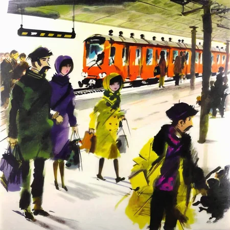 grabianski people at the metro station, an approaching train<lora:grabianski:1>