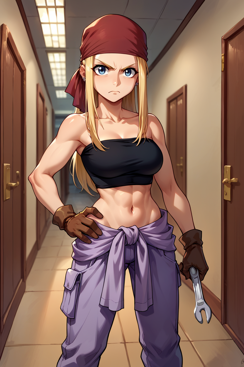 score_9, score_8_up, score_7_up, score_6_up, source_anime BREAK 1girl,  <lora:winry-pdxl-nvwls-v1-000006:1> winry rockbell, earrings, red bandana, black tube top, strapless, midriff, clothes around waist, purple pants, brown gloves, looking at you, annoyed, holding wrench, hallway, hand on hip