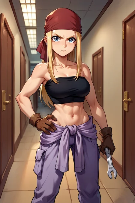 score_9, score_8_up, score_7_up, score_6_up, source_anime BREAK 1girl, <lora:winry-pdxl-nvwls-v1-000006:1> winry rockbell, earrings, red bandana, black tube top, strapless, midriff, clothes around waist, purple pants, brown gloves, looking at you, annoyed, holding wrench, hallway, hand on hip