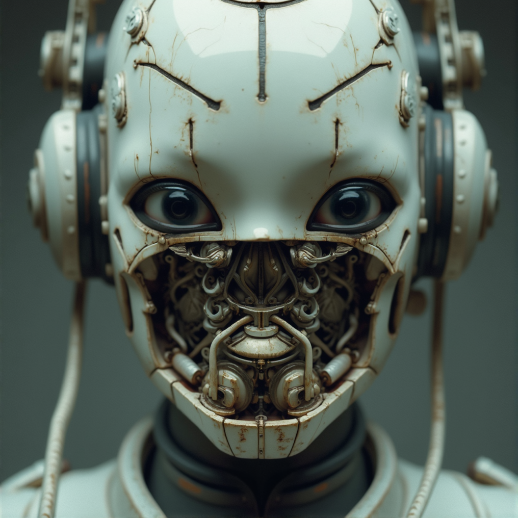 (geisha::0.9) (android robot face::2.2),white ceramic material,many mechanical details,seams, scuffing, rust,(camera lenses instead of pupils:1.5) (traditional intricate japan clothes:1.5) 
(style by Yuri Shwedoff),shallow depth of field, vignette,  (Fujicolor Superia X-TRA 400)