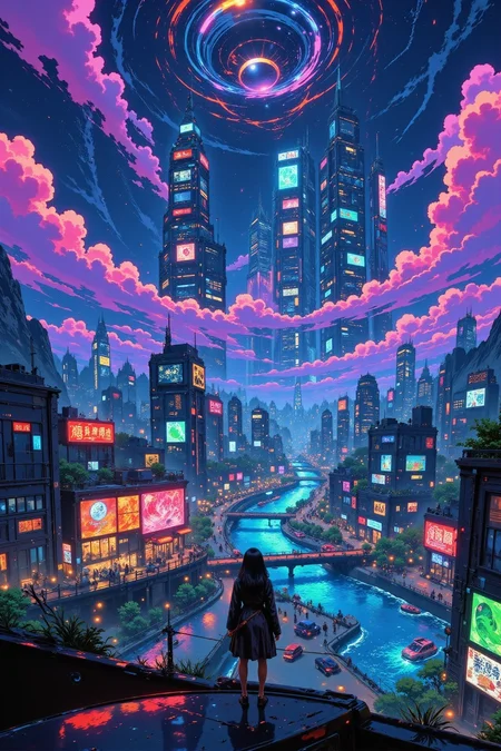 alien city beautiful cyberpunk landscape, cloudy sky, woman, very intricate, very detailed, sharp, bright, colorful, <lora:Hand v2:0.5> <lora:Anti-Blur:1><lora:Insane Detail Slider:0.25> <lora:flux.1_lora_flyway_Epic-detail_v2:0.3> <lora:fluxenhancer:0.25> <lora:ROWER:0.6> <lora:flux-charmer-v1-1:0.4><lora:Vibrantly_Sharp_style_v.5:0.4> <lora:bv-cybstyenh-v1_rank16_bf16:0.6> <lora:Anime_style:0.8> anime style