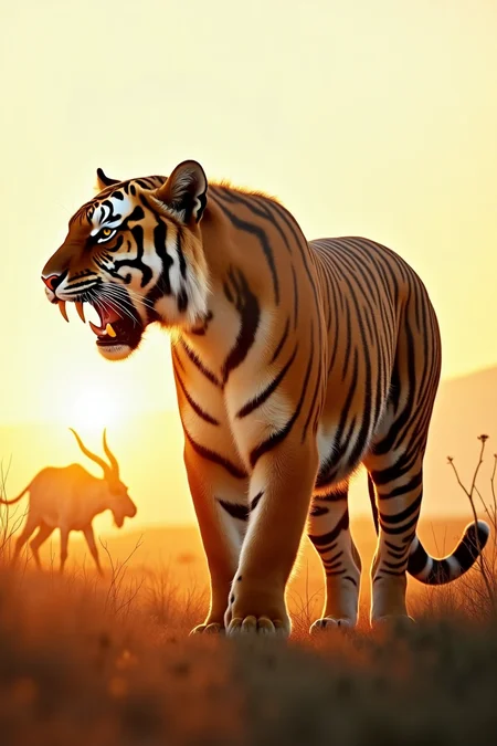 HD 8K, Ultra HD, Beautiful double exposure photo combining a translucent silhouette of a hunting tiger with long fangs and perfect fur in a savannah, the savannah with light shining beyond the horizon in the foreground of the image and an antelope prey should be the main background, Rich details incorporated into the tiger with double exposure technique, Yukisakura, Sharp lines, Saturated colors, Excellent, Sharp focus, Double exposure, Great overall colors