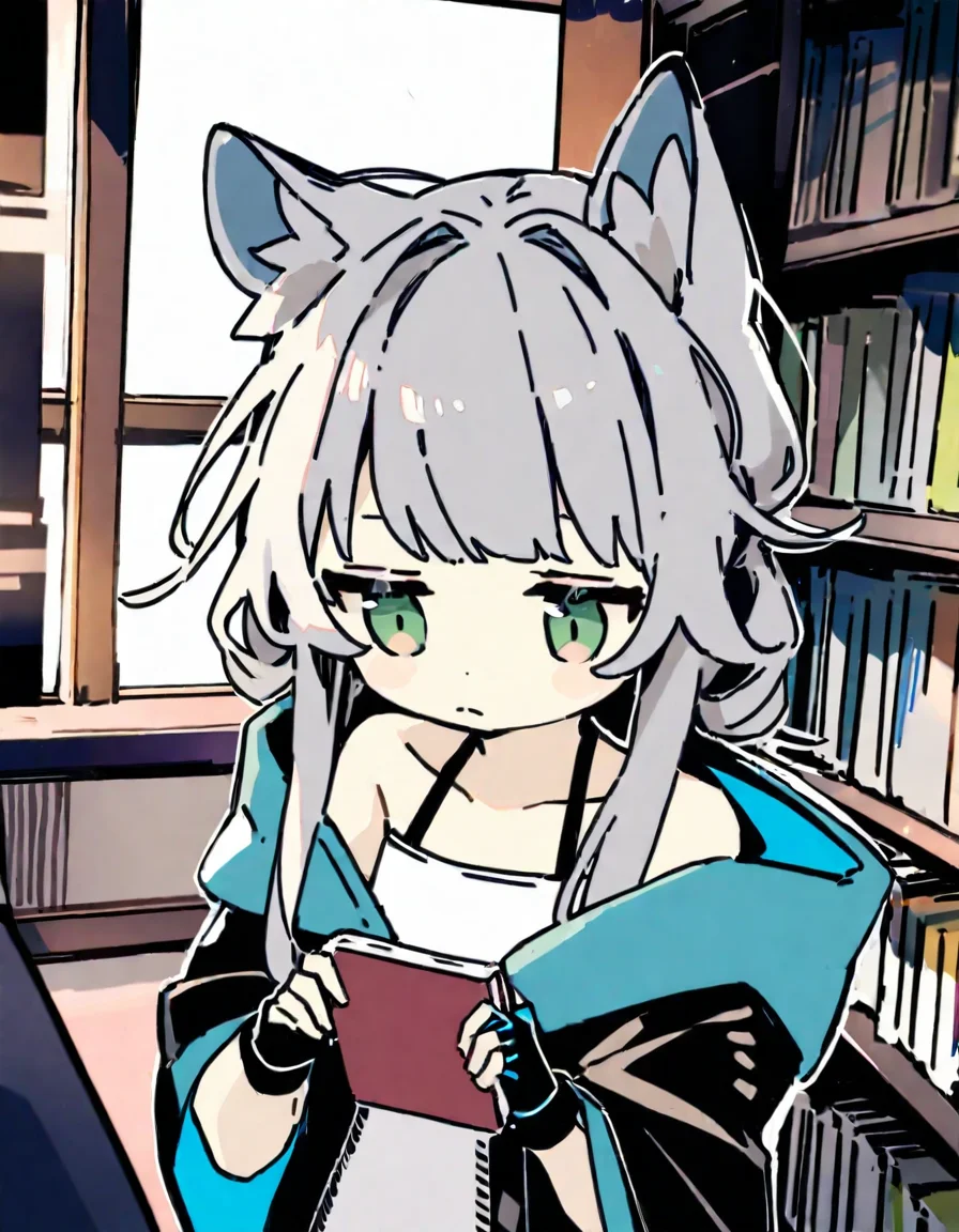 1girl,
rosmontis \(arknights\),
solo, green eyes, flat chest, animal ears, cat ears, white hair, library, frown, cloak, book, jacket, collarbone, shirt, white shirt, fingerless gloves, book stack, black gloves, cat girl, closed mouth, long hair, hair between eyes, open clothes, open jacket, looking down, animal ear fluff, black jacket, upper body, gloves, sidelocks, holding, holding book, off shoulder,
masterpiece, best quality, safe
<lora:cyoroama_xl_v1-000011:1>