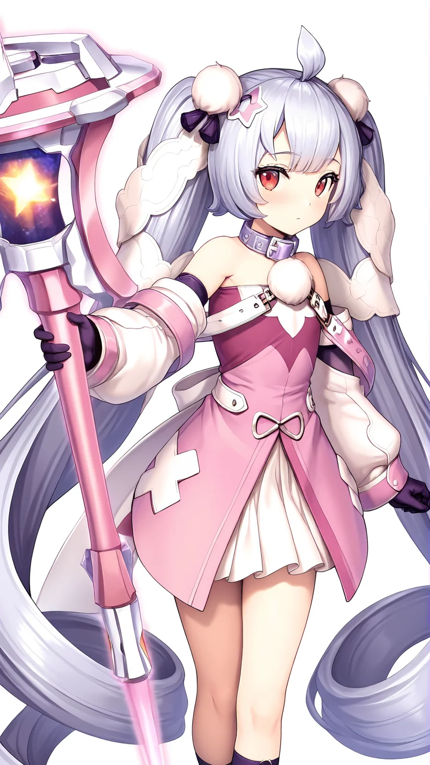 amazing quality,absurdres,best quality,masterpiece,highres,newest,detailed,detailed body,detailed face,masterpiece,best quality,solo,
puraneta,1girl,very long hair,solo,twintails,gloves,dress,red eyes,ahoge,absurdly long hair,hair ornament,pink dress,grey hair,socks,bare shoulders,pom pom \(clothes\),detached sleeves,puffy sleeves,<lora:å°ããªå¤¢è¦æãã©ãã¿:0.8>,