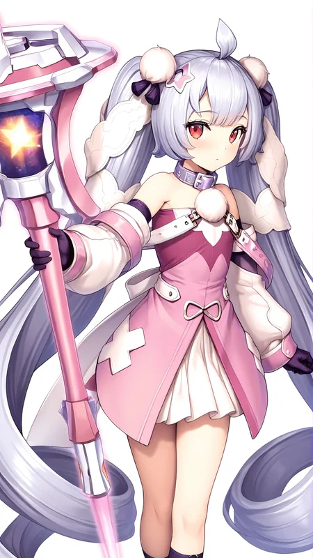 amazing quality,absurdres,best quality,masterpiece,highres,newest,detailed,detailed body,detailed face,masterpiece,best quality,solo,
puraneta,1girl,very long hair,solo,twintails,gloves,dress,red eyes,ahoge,absurdly long hair,hair ornament,pink dress,grey hair,socks,bare shoulders,pom pom \(clothes\),detached sleeves,puffy sleeves,<lora:å°ããªå¤¢è¦æãã©ãã¿:0.8>,