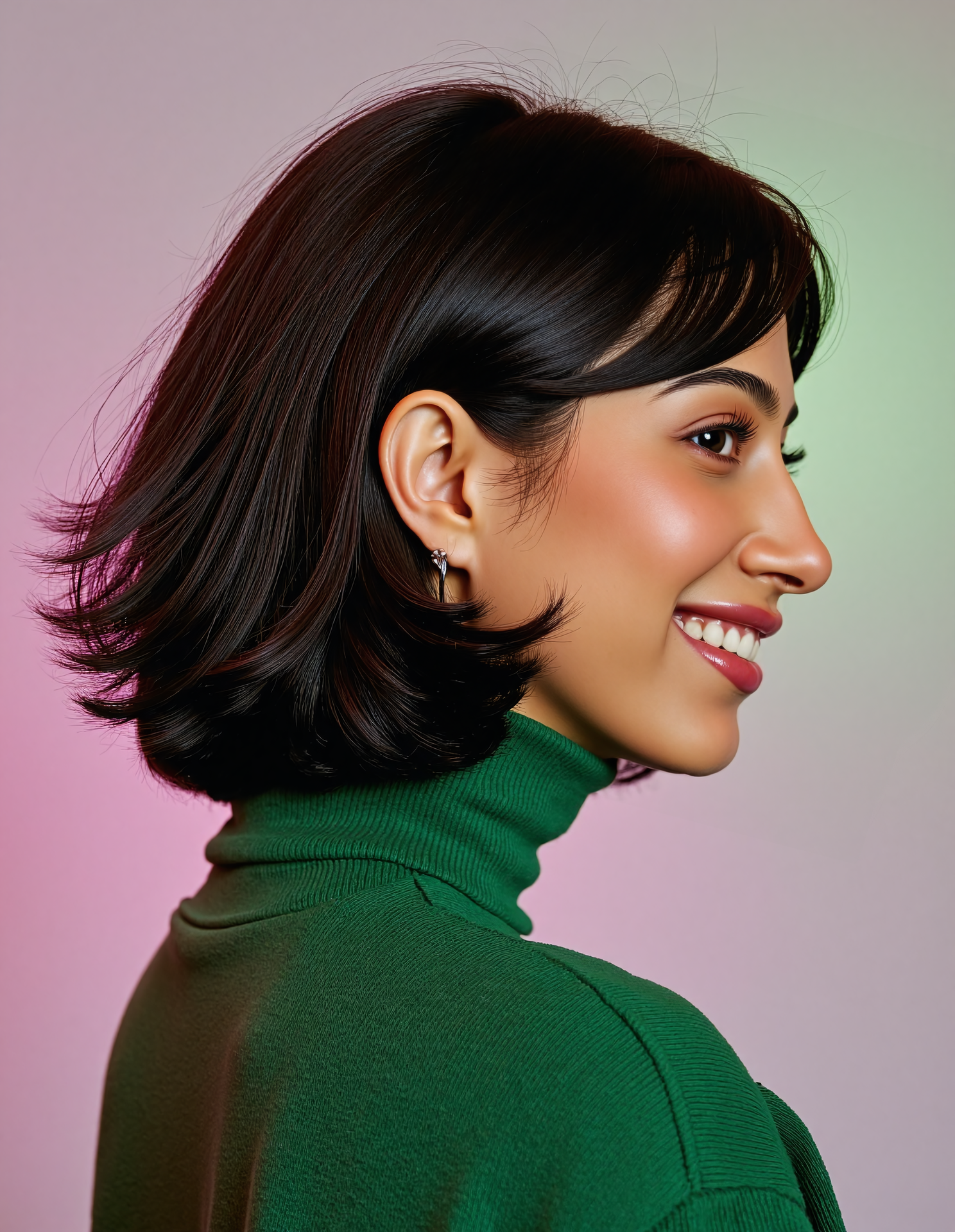 side view photo of d351 naak woman, hyper realistic photo that is safe for work, shy smile, studio quality image with natural colors, well dressed wearing intricate turtleneck Emerald sweatshirt, hair styled as  bob,muted pastel shaded multicolored background that contrasts with the person, cinematic lighting,ââ   <lora:d351 naak-Indian Upturned Nose-Flux-V1:1>âââ