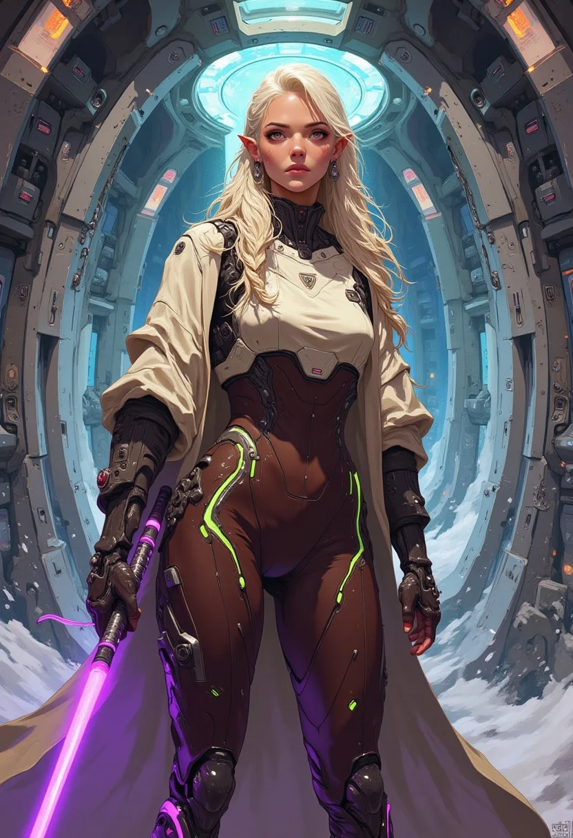 A stunning, curvaceous elf beauty stands majestically in front of a high tech detailed spaceship corridor, her luscious locks styled in an exquisite waterfall braid that cascades down her back like a blonde veil tucked behind her pointed ears. She has a soft encouraging smile. The soft, ambient lighting accentuates the delicate features of her perfect face and the contours of her toned physique, while vibrant colors and intricate details bring the scenery to life. Her face is flawless and clean with no markings or tattoos. Her formfitting exosuit is brown and off white with glowing green accents and fits her perfect body tightly. She has a billowy Jedi robe draped across her shoulders. She holds one brightly glowing purple lightsaber in her perfect left hand. Dynamic pose
anime_martz, anime_source, DB4RZ, DB4RZ style painting, anime, cyberpunk
