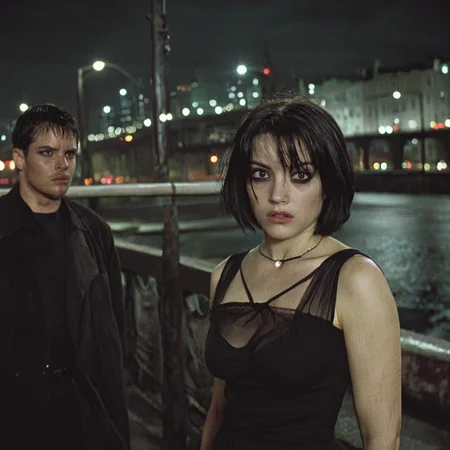 <lora:2000s_Crime_Thriller_MovieSDXL:1> ArsMovieStill, movie still from a gritty, high-contrast 2000s crime thriller movie, The image shows a woman standing next to a man on a bridge both wearing black dresses. In the background there are poles lights buildings and a road all slightly blurred., black hair, lamppost, blurry, looking at viewer, night, solo focus, depth of field, outdoors, short hair, black eyes