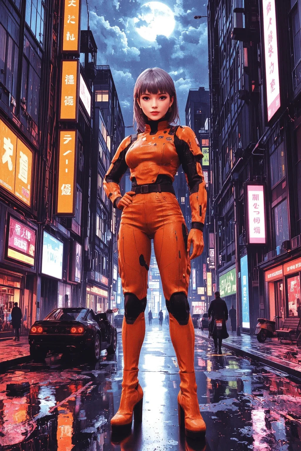 fringe gray hair young cyberpunk woman, anime, illustration, cyberpunk, futuristic, extremely detailed, portrait, standing, happy smile, beautiful cyberpunk tokyo buildings landscape, wet floor, windows, car, motorbike, moon in the sky, bright neon lights, screen holograms, kanjis, raytracing, hdr, high contrast, cinematic lights, backlight, reflections, legs, heels, sharp focus, luminous Monarch Orange robot glossy brilliant armor, body lights, body circuits, glossy lipstick, necklace, torc earrings, colorful, retrowave, shadows, vibrant colors, colorful, bright, pretty, beautiful, feminine, sexy, lovely, in love, adorable, fashion, <lora:Hand v2:1> <lora:Anti-Blur:2> <lora:Insane Detail Slider:0.5> <lora:flux.1_lora_flyway_Epic-detail_v2:0.3><lora:fluxenhancer:0.5> <lora:RetroAnimeFluxV1:0.3> <lora:CPA:0.6> <lora:Luminous_Shadowscape:0.3> <lora:Neon_Noir_FLUX:0.4> mad-neon-noir <lora:bv-cybstyenh-v1_rank16_bf16:0.3>