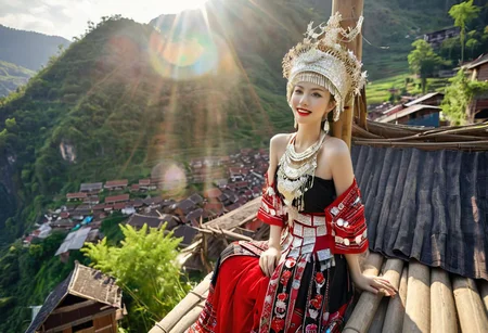 (21yo chinese cougar is living at home in her (red black sexy hmong cloth in a bamboo hut in thailand:1.2) , breathtaking view from a high vantage point overlooking a Hmong village nestled in a beautiful natural valley , (35mm, F/2.8) (insanely detailed and intricate, character, hypermaximalist, elegant, beautiful, revealing, appealing, attractive, amative , hyper realistic, super detailed, halo,  reflections) smiling, (curvy body:1.2), toned body,  pale skin , (lens Flare:1.3) , (god rays:1.2) , smiling at viewer (eye liner and lipstick) , body like gravure japan ,  (random camera angle , portrait : 1.4) , full and healthy figure , The clothing should enhance her silhouette , subtle hint of bare shoulder , halo ,