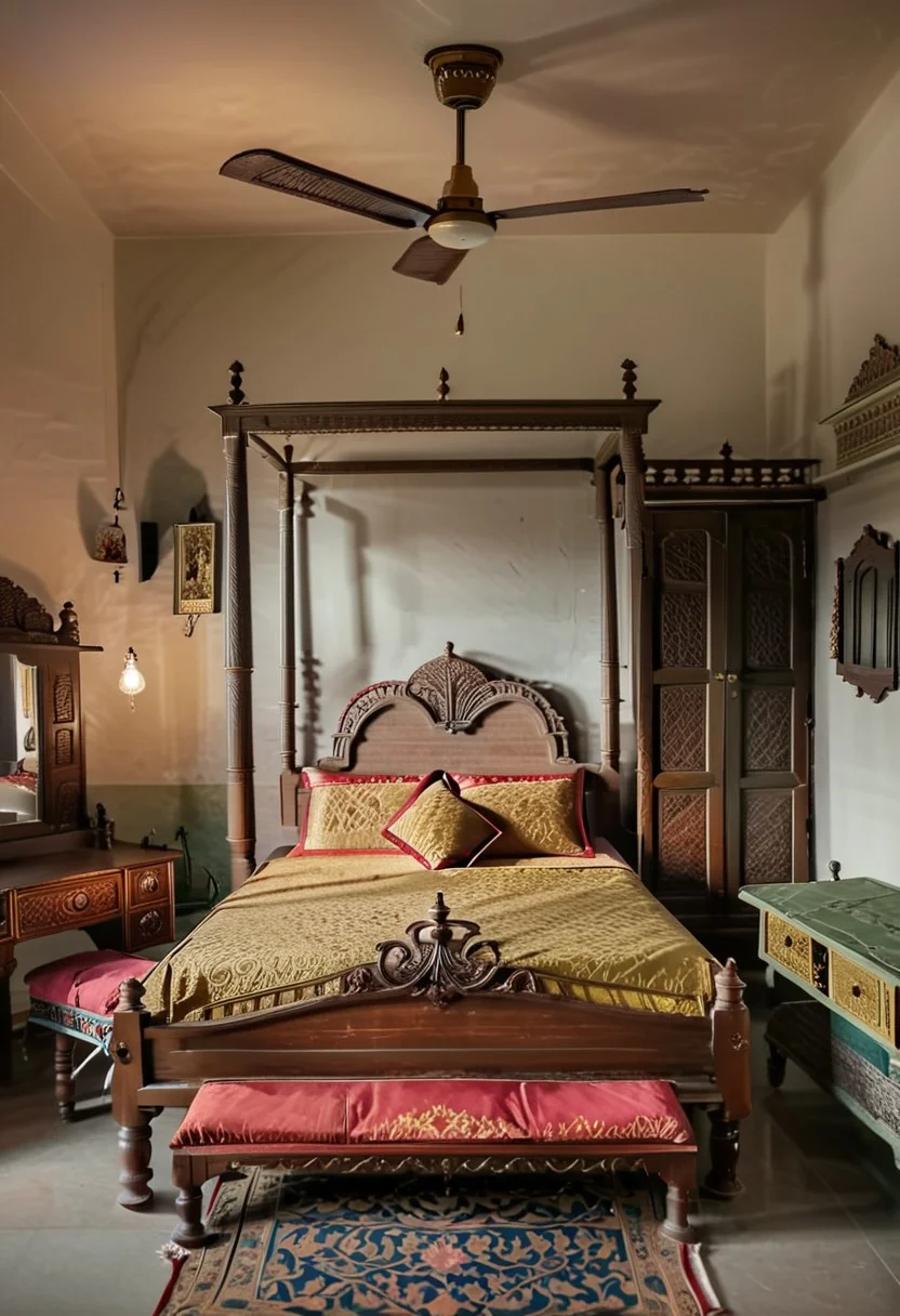 A captivating image of a luxurious, empty bedroom in an Indian Haveli, featuring a Victorian-style wooden bed adorned with two plush pillows. The room also includes a beautifully carved wooden dressing table with a mirror and a matching almira, both displaying intricate metal handles. The centerpiece of the room is a stunning, vintage-style ceiling fan, while a single bulb on a lamp illuminates the space, casting a warm glow. The overall atmosphere exudes elegance and nostalgia, transporting you to a bygone era., Indian_Building, InteriorType:MansionBedRoom,