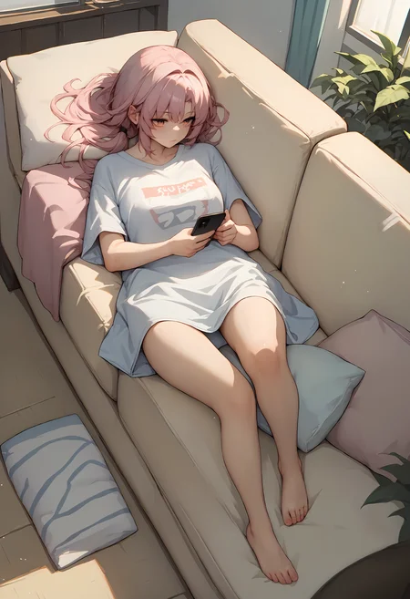 (score_9, score_8_up, score_7_up), 1girl, fuxuan, Oversized t-shirt dress, barefoot, lying, on couch, holding phone, <lora:fuxuan-strPO-v1b-000008:0.8>
