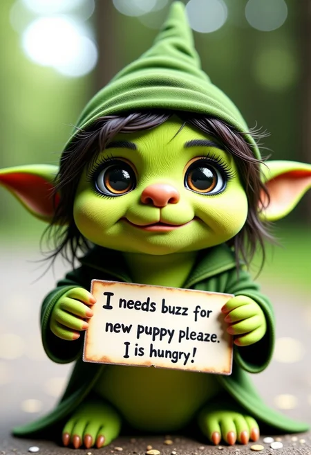 Cute green fairy-tale goblin, pointy goblin hat, large hooked nose, messy hair, huge grin, eagerly looking at the viewer, big pleading adorable eyes, long eyelashes, holding a card that reads "I needs buzz for new puppy pleaze. I is hungry!" in clumsy handwritten letters