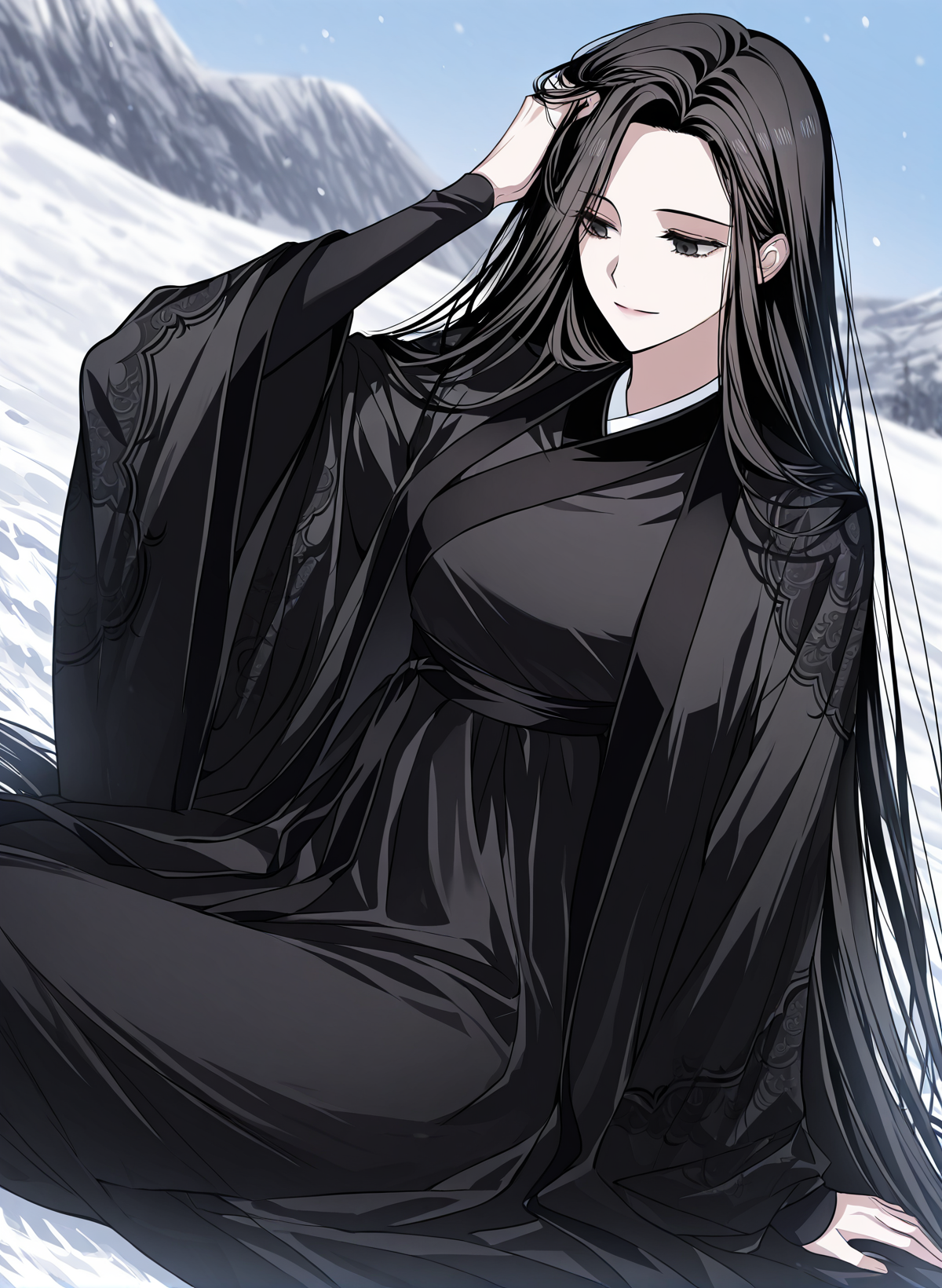 <lora:Seo_Baek_Hyang__SSS_Class_Suicide_Hunter__Illustrious:1>
1 girl, solo, ((black eyes)), black hair, long hair, straight hair,
black hanfu, long flowing robe, embroidered sleeves, wide sleeves, layered dress, sash belt,
score_9, score_8_up, score_7_up, very aesthetic, source_anime, detailed, high quality, beautiful, masterpiece, detailed eyes,, blurry background, pose dynamic angle, light smile, open mouth, hand on hair, sitting, snowy field background