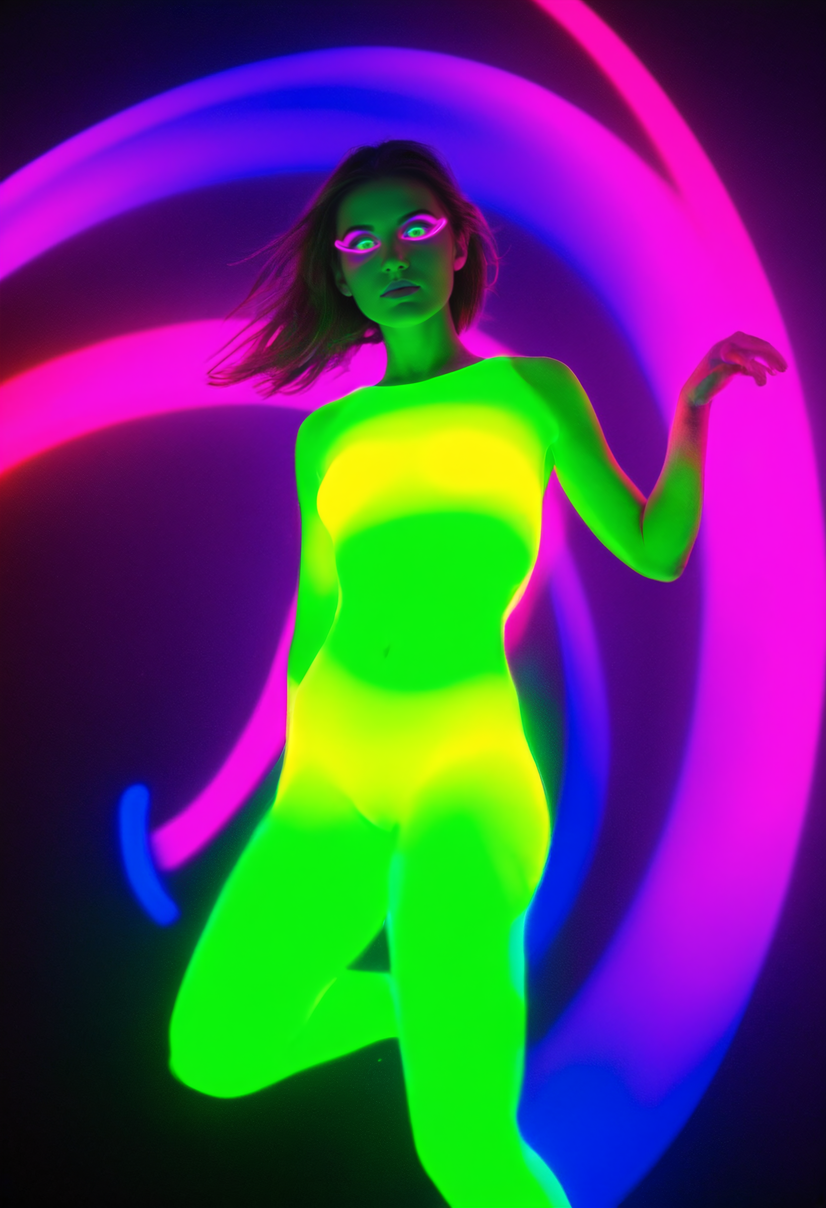 1girl, full-body shot, surrounded by swirling lights in neon yellow, green, blue, red, purple, pink, soft motion blur, glowing wind effect, cinematic portrait, Canon 35mm, vibrant body halo, glossy eyes, surreal lens flare, (neon yellow, neon green, neon blue, neon red, neon purple, neon pink:1.3) 