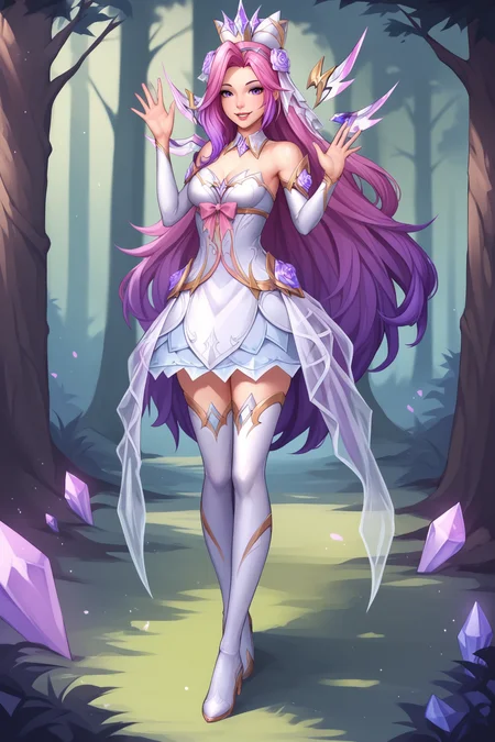score_9, score_8_up, score_7_up, score_6_up, BREAK, SeraphineCRLoLXL, purple eyes, pink hair, purple hair, multicolored hair, long hair, parted bangs, hair flower, hair ornament, crystal crown, medium breasts, floating object, detached collar, bare shoulders, white dress, dress ornament, pink bow, detached slevees, white skirt, white thigh boots, high hells, solo, full body, standing, waving, seductive smile, looking at viewer, forest, tree <lora:SeraphineCRLoLXL:0.8>