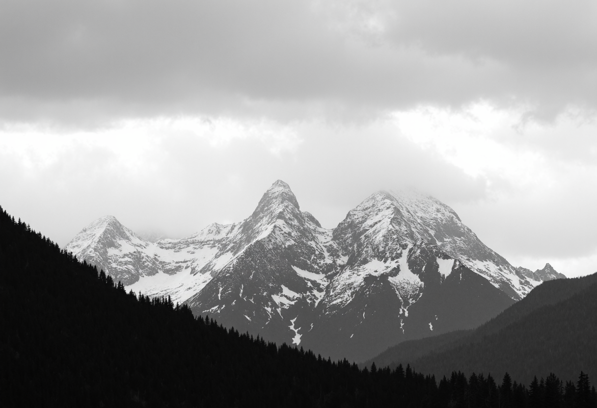 Snow-capped mountain range, rugged peaks, dark jagged edges, overcast sky, thick cloud cover, dramatic sky and clouds, dense forest at mountain base, black and white image, high contrast, shadowed foreground, slight haze in atmosphere, outdoor natural landscape, diffuse lighting conditions, monochrome., 