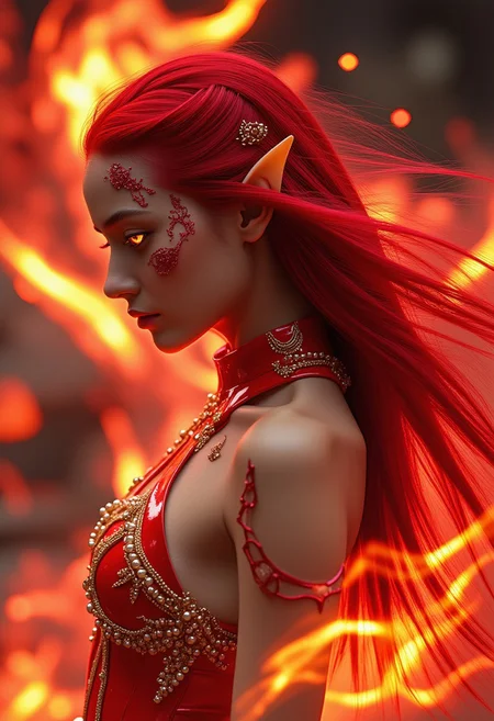A photo in aestheticphotographyjp style, captured with a Fujifilm X100VI (f/2.8, 120mm). A side profile of a radiant fantasy character with pale skin, elongated elf-like ears, and fiery, flame-like red hair flowing with dynamic energy. Their face is adorned with intricate red and gold patterns, resembling shimmering gemstones, while piercing yellow eyes glow with an intense, otherworldly allure. Clad in a high-collared, pearl-studded garment with metallic accents, they exude elegance and power. The background is an otherworldly tapestry of swirling crimson clouds, glowing embers, and faint golden arcs of light, adding depth and drama while amplifying the character's fiery brilliance, NewFantasyCore, mythp0rt