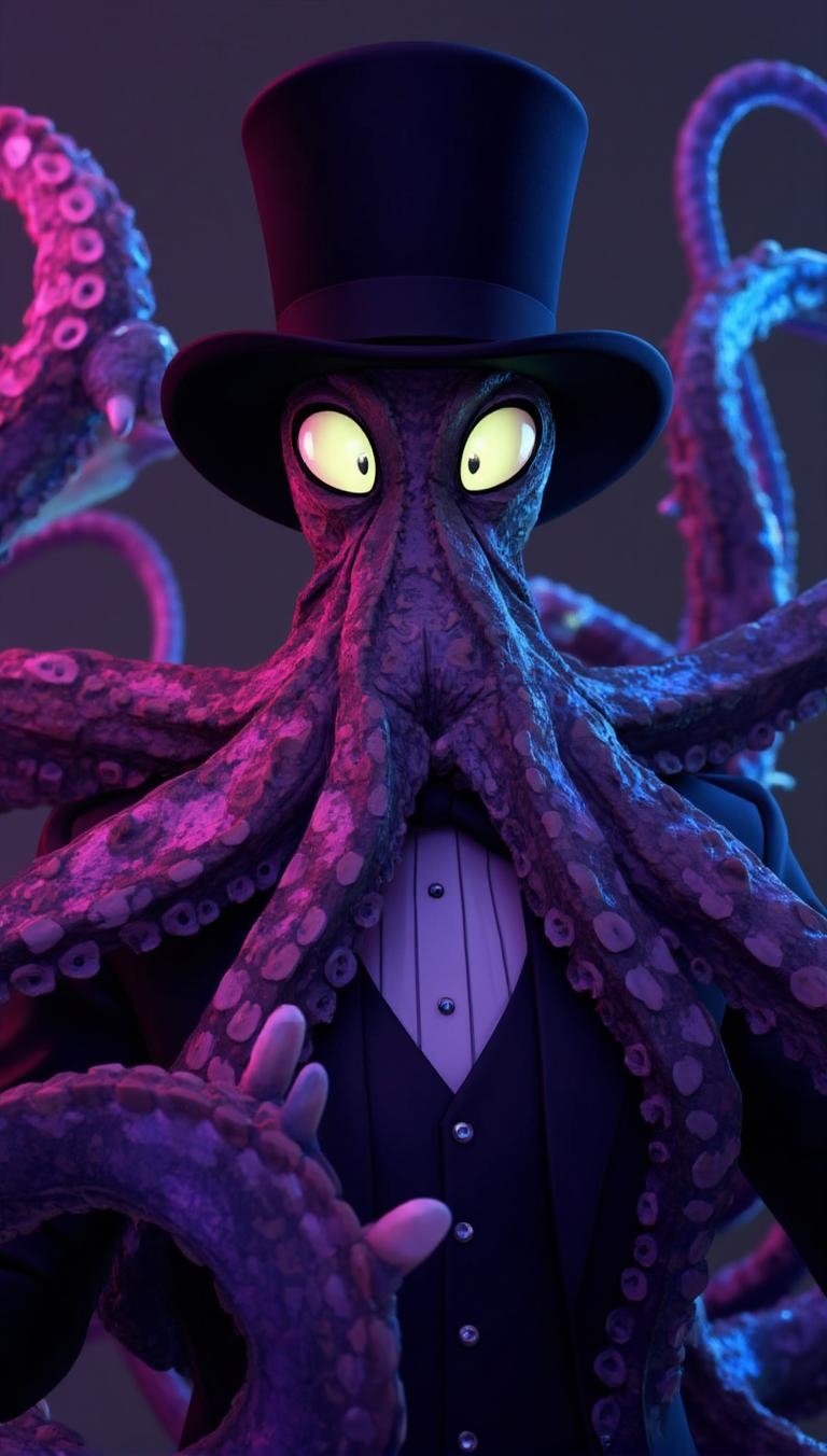 <lora:ck-LttleGhost-000011.safetensors:1> in the style of ck-lttlegh0stA striking 3D CGI image of an octopus in a black suit and top hat with glowing accents, its skin shifting between pink, blue, and purple hues. The effect is mesmerizing and surreal, with large, glowing eyes and coiled, patterned tentacles.