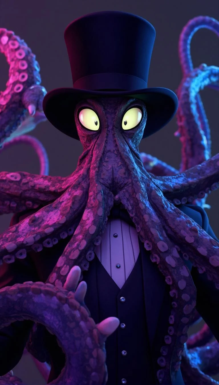 <lora:ck-LttleGhost-000011.safetensors:1> in the style of ck-lttlegh0stA striking 3D CGI image of an octopus in a black suit and top hat with glowing accents, its skin shifting between pink, blue, and purple hues. The effect is mesmerizing and surreal, with large, glowing eyes and coiled, patterned tentacles.