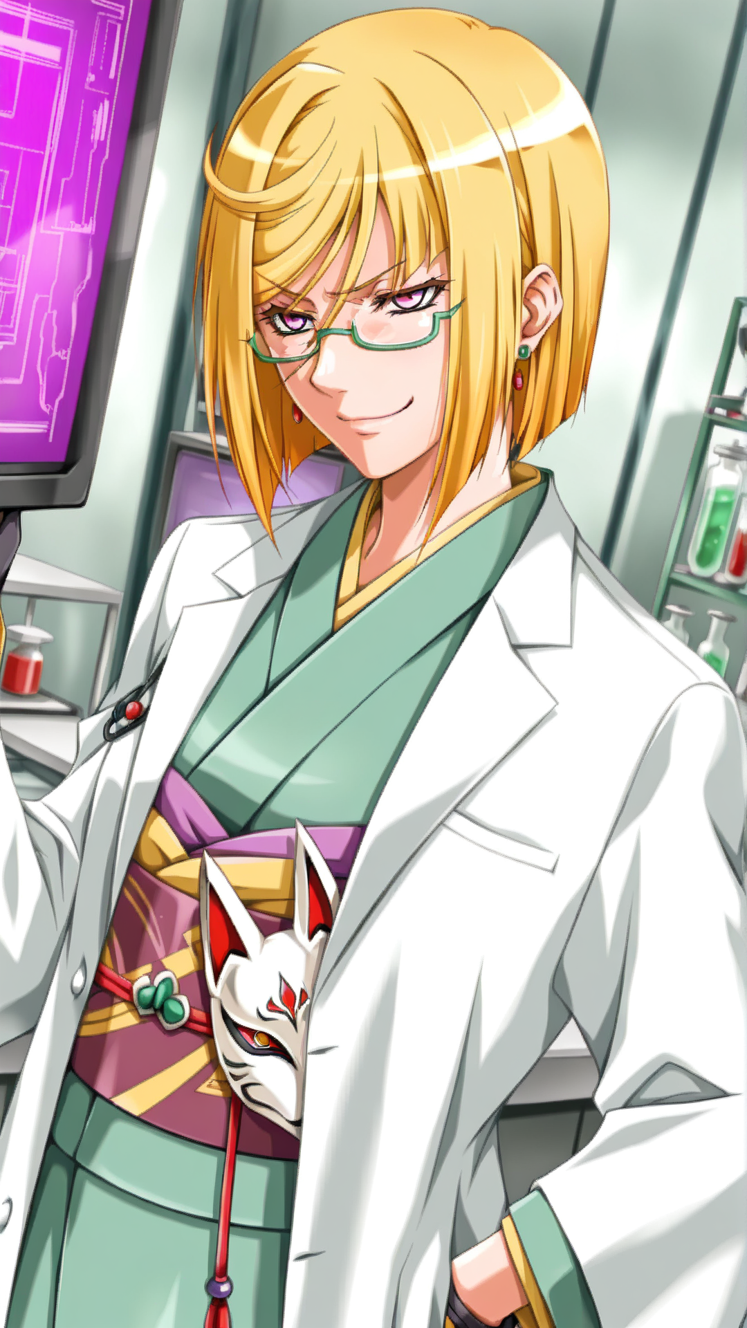 source_anime, general, best quality, masterpiece, 1girl,  <lora:Trya_ill_v1.0:1> trya\(srw\),blonde hair, purple eyes,bob cut,swept bangs, sidelocks,  jewelry, earrings,  green-framed eyewear, semi-rimless eyewear, kimono,japanese clothes,lab coat,laboratory, smug, dutch angle, holding fox_mask, half mask,