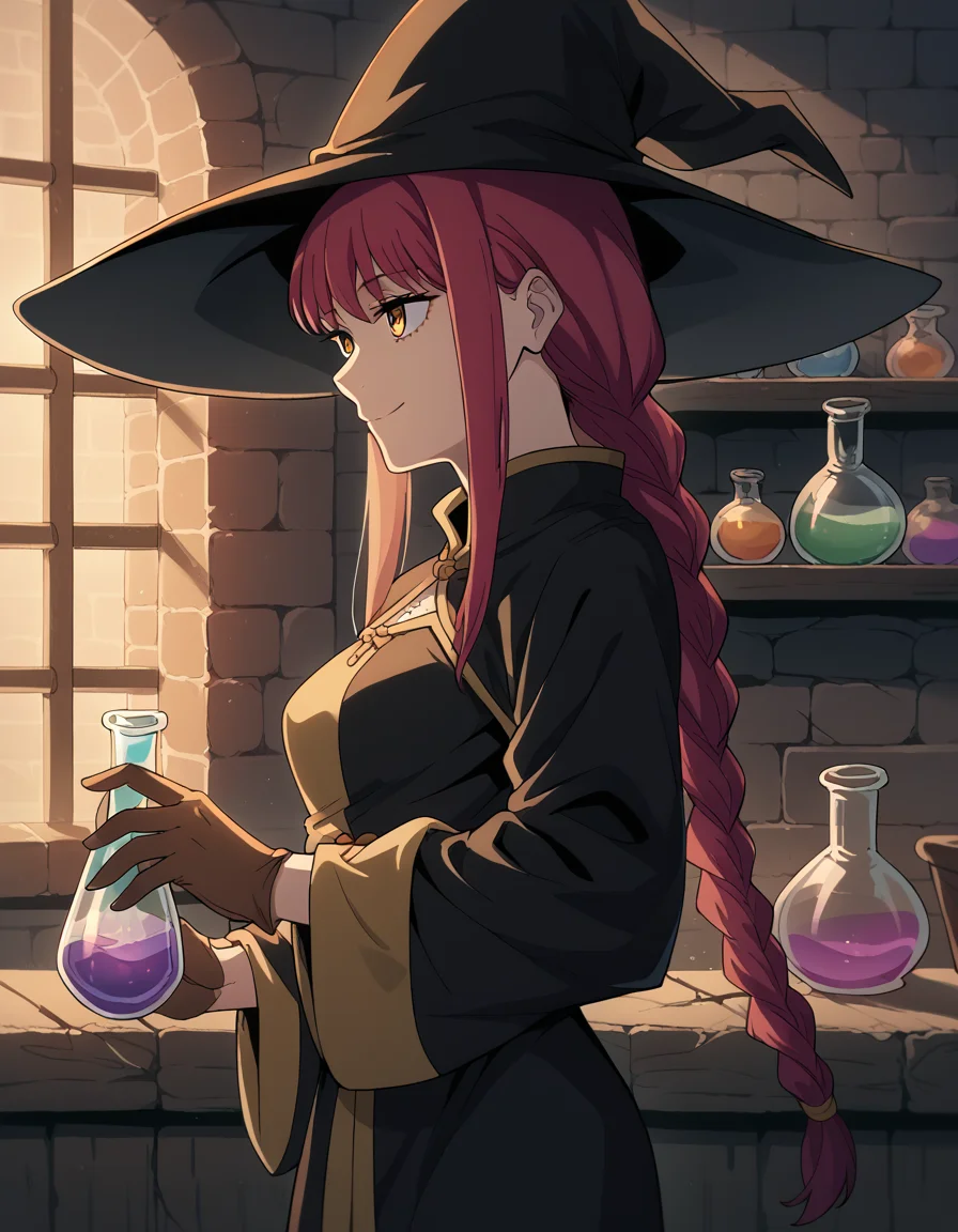 score_9, score_8_up, score_7_up, source_anime, <lora:chainsaw-man-makima-s1-ponyxl-lora-nochekaiser:1> makima, long hair, smile, bangs, yellow eyes, braid, red hair, braided ponytail, ringed eyes, medium breasts,, <lora:wizard-ponyxl-lora-nochekaiser:1>, wizard, wizard hat, robe, dress, long sleeves, gloves,, indoors, bricks, potion, flask, vial,, cowboy shot,