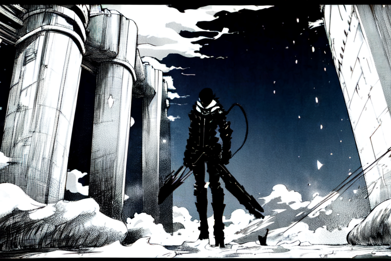 highly insanely detailed, masterpiece, top quality, best quality, highres, 4k, 8k, RAW photo, (very aesthetic, beautiful and aesthetic),  
tsutomu nihei,nihei_tsutomu,blame!,blame gakuen!,abara,TNstyle,sidonia_no_kishi,(giant room,stairs,lab),dome,walkway,bones,light particles,cables,tubes,industrial pipes,letterboxed,ventilation fan,ventilation shaft,tentacles,fog,mist,steam,foggy,smoke,concrete walls,metal walls,buildings,toha heavy industries,drainpipe,wire,star \(sky\),starry sky,fence,dark sky,black sky,machinery,bridge,clouds, 
<lora:ABARA:1>, 
(1girl:1.3), 
solo focus, 
floating platforms,floating buildings,neon cyan background,neon blue background,(color bokeh background,color splash background),âââ