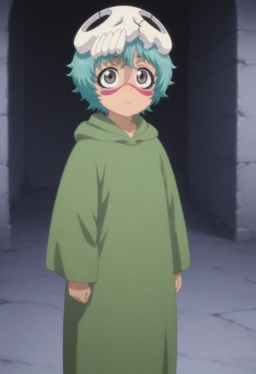 masterpiece, best quality, amazing quality,,, shiny skin,,,,,, skull hair ornament, green robe, <lora:illustriousXL Nel V1:1> Blue hair, brown eyes