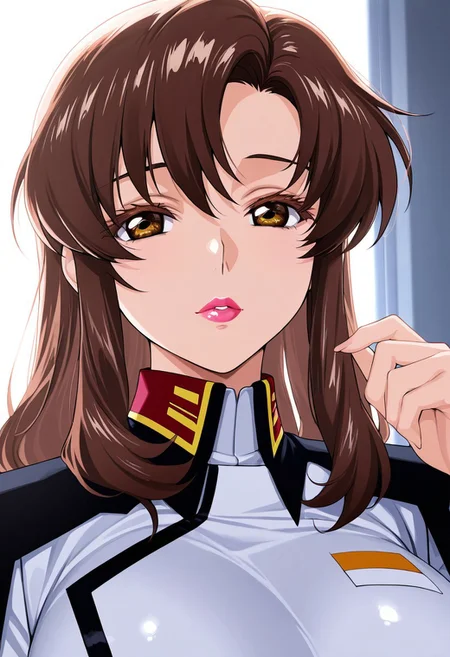 1girl, Murrue Ramius \(Gundam SEED\),, adult woman, masterpiece, military uniform, hand up, brown hair, long hair, luscious lips, lipstick, large breasts, portrait, colored eyelashes, backlighting, brown eyes, goddess, glossy skin, ,hires,best quality, very aesthetic,absurdres,score_9, score_8_up, score_7_up, score_6_up, score_5_up, score_4_up, (hyper extreme detailed), (hyper quality), game CG, (colour:1.2),(from side:0.7)